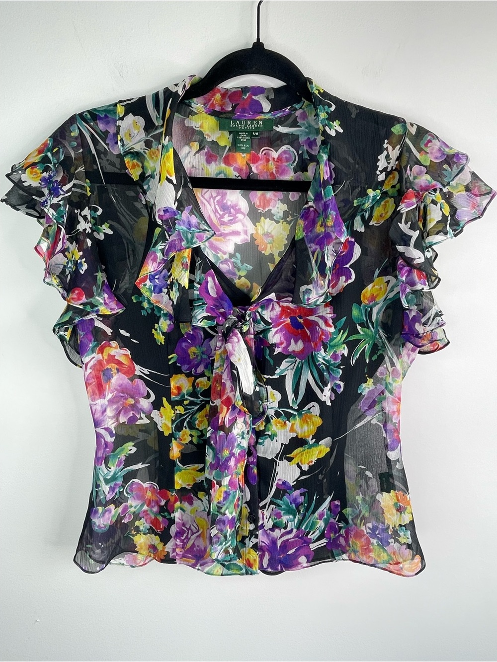 Lauren Ralph Lauren Silk Black Sheer Floral Tie-Neck Ruffle Blouse Size MP